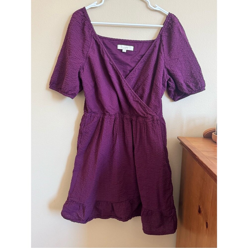 LOFT Purple Textured Puff Sleeve Mini Dress Size 12